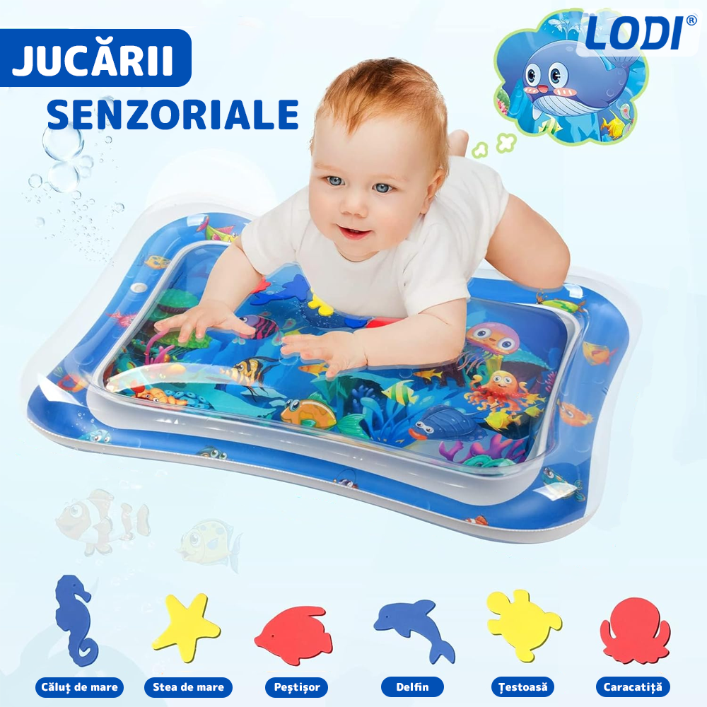 Saltea cu Apa pentru Bebelusi Lodi1206, centru de activitati si joaca, gonflabila, umpluta cu lichid, jucarii senzoriale tip animale marine, design distractiv, albastru