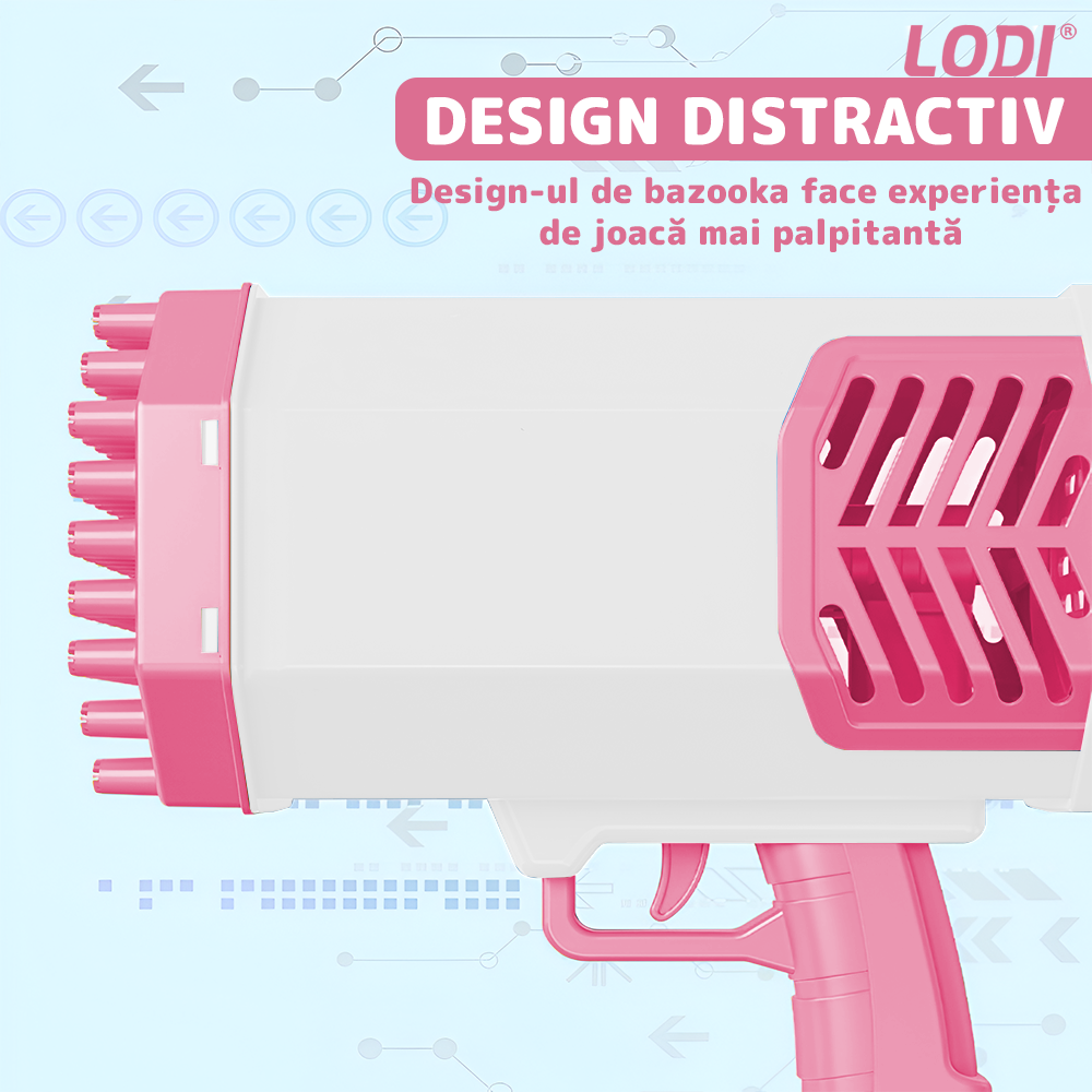 Pistol de Facut Baloane Bubble Gun Lodi1214, tip Bazooka, automat, 34 orificii pentru bule, alimentare cu baterii, roz/alb