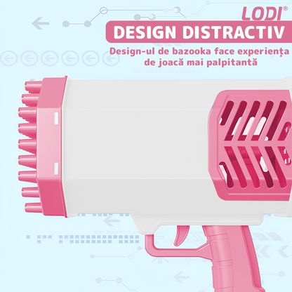 Pistol de Facut Baloane Bubble Gun Lodi1214, tip Bazooka, automat, 34 orificii pentru bule, alimentare cu baterii, roz/alb