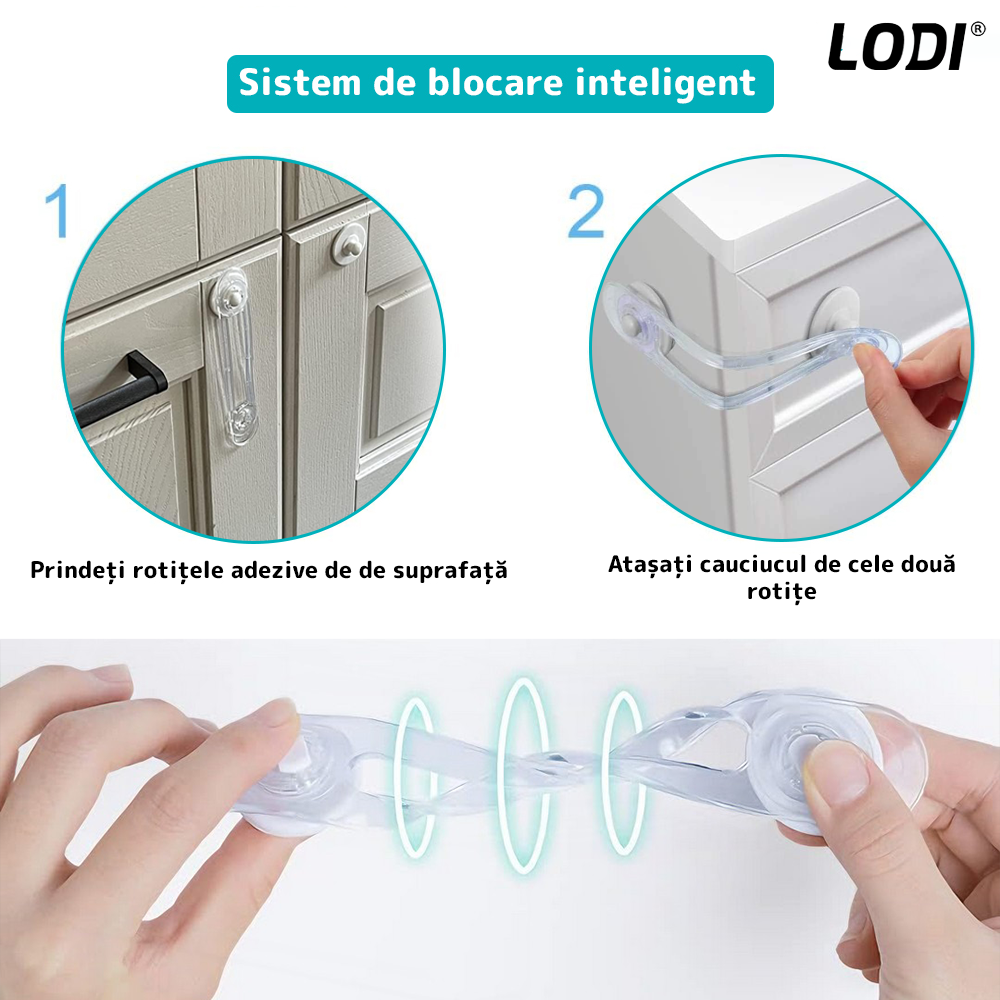 Set 7 x Siguranta Usi Copii Lodi1056, sistem de blocare usi/sertare/duapuri, ajustabile pe lungime, adeziv puternic, anti-deschidere accidentala, transparent
