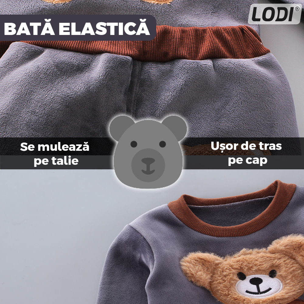 Compleu Copii din 3 Piese Lodi501, unisex, toamna-iarna, plus moale cu ursulet, bluza, pantaloni si vesta cu gluga pufoasa, 80 cm, gri
