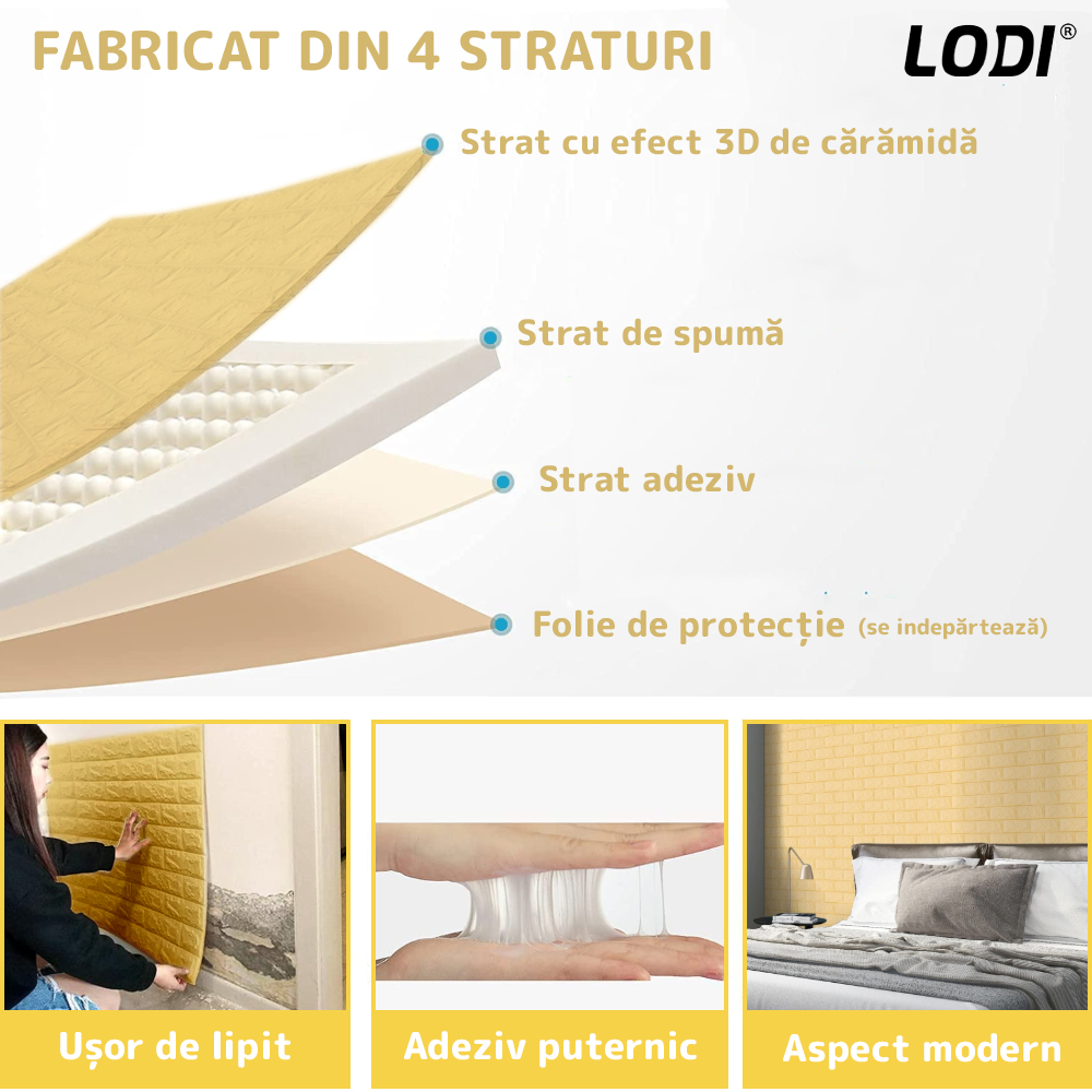 Set Tapet Caramida 3D Lodi55, suprafata acoperire 5.3 mp, autoadeziv, waterproof, usor de montat, design modern, 70x77 cm, portocaliu