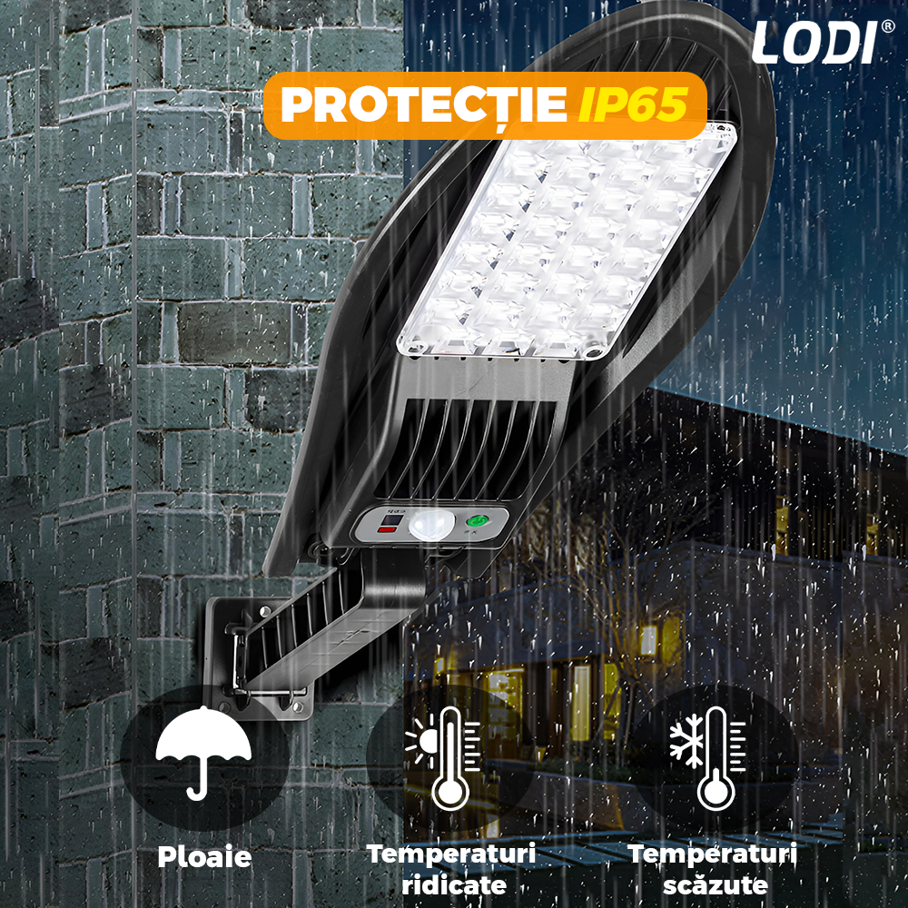 Lampa Solara Stradala 42 LED-uri Lodi868, rotunda, control prin telecomanda, senzor de miscare, 3 moduri de iluminare, protectie IP65, Waterproof, exterior, negru