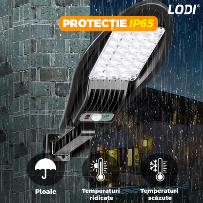 Lampa Solara Stradala 42 LED-uri Lodi868, rotunda, control prin telecomanda, senzor de miscare, 3 moduri de iluminare, protectie IP65, Waterproof, exterior, negru