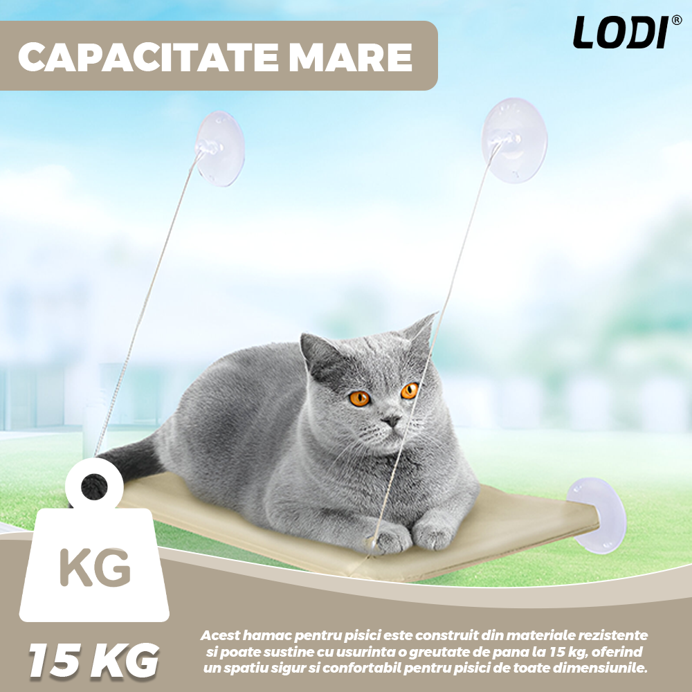 Hamac pentru Pisici Lodi1269, pat suspendat, montaj pe geam/suprafete uniforme lucioase, capacitate de pana la 15 kg, rezistent, ventuze de prindere, 35x55 cm, bej