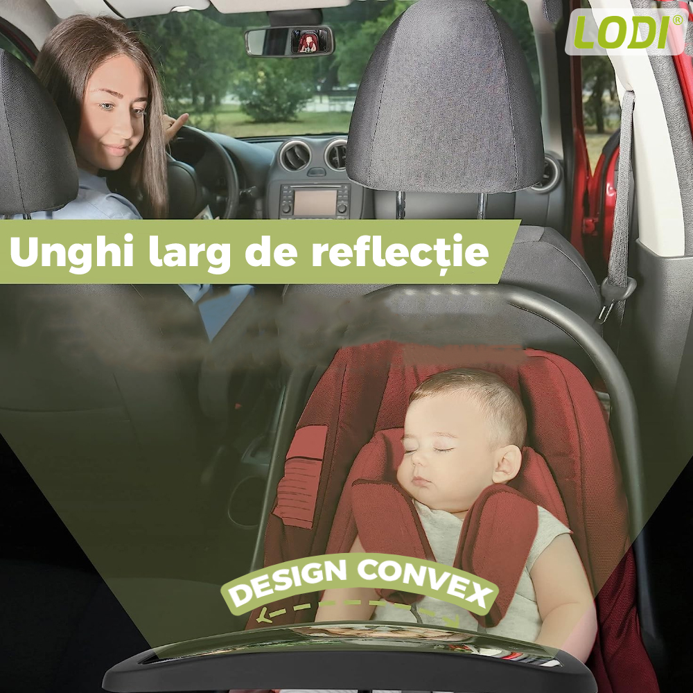 Oglinda Auto Supraveghere Bebe Lodi125, fixare tetiera, anti-alunecare, rotire 360 grade, curele reglabile, convexa, 30x20 cm, negru