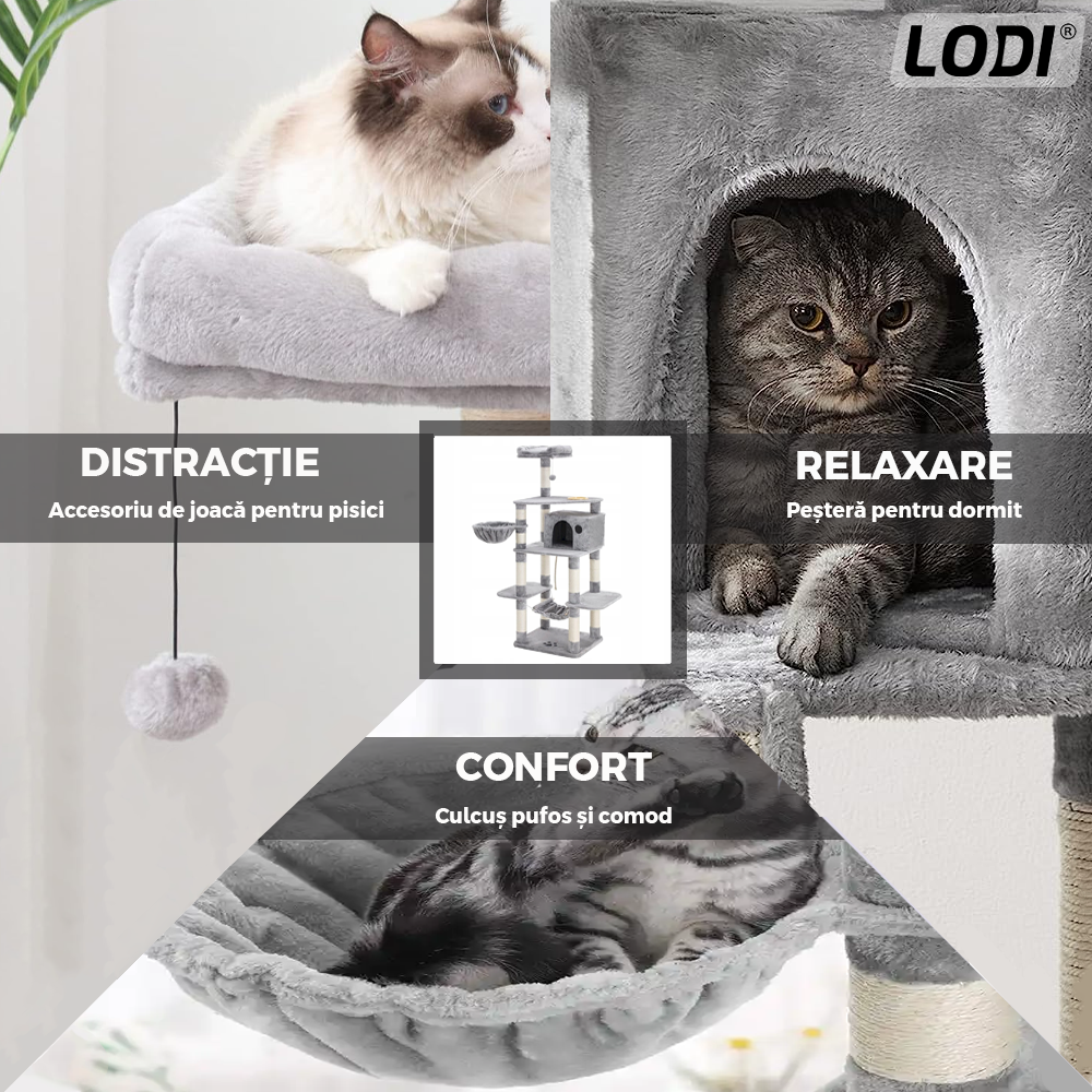 Ansamblu de Joaca pentru Pisici Lodi625, tip turn,1 platforma de observatie, 4 niveluri, 1 casuta, scara, hamac, franghie si mingiuta de joaca, stalpi pentru zgariat, captuseala extra moale, structura stabila, 164 cm, gri deschis