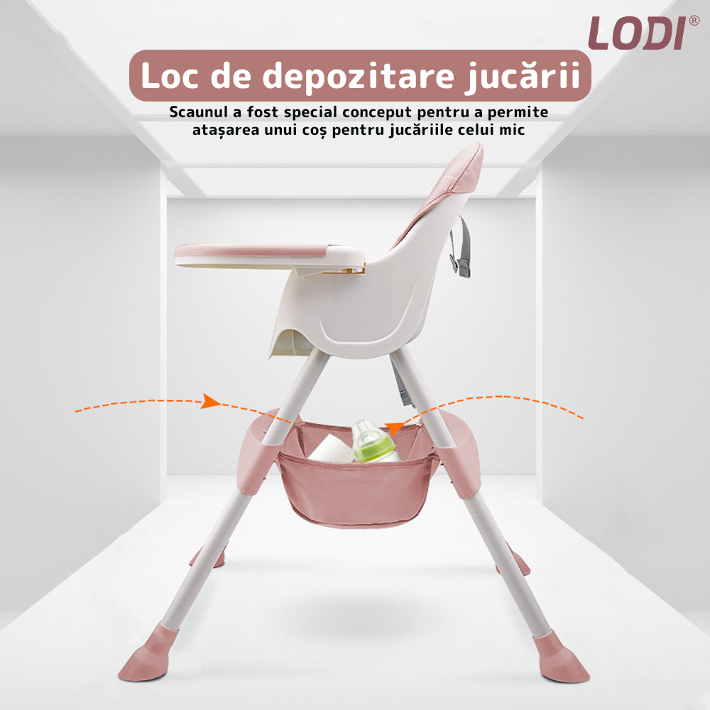 Scaun de Masa 3in1 pentru Bebelusi si Copii Lodi635, inaltime ajustabila, centura de siguranta in 5 puncte, tavita reglabila si detasabila, loc depozitare jucarii, roz pudrat