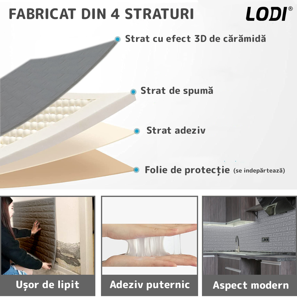 Set Tapet Mic Caramida 3D Lodi103, suprafata acoperire 3.31 mp, autoadeziv, waterproof, usor de montat, design modern, 38.5x34 cm, gri