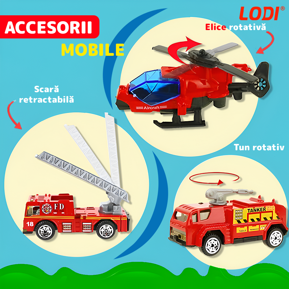 Set Camion Trailer de Jucarie pentru Transport Lodi1164, seria pompieri, 10 masinute incluse, ambulanta, utilaje, tir, accesorii mobile, lansator si rampa frontala, platforma tractare, rosu