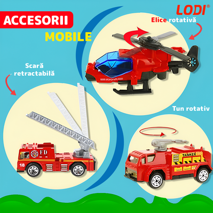 Set Camion Trailer de Jucarie pentru Transport Lodi1164, seria pompieri, 10 masinute incluse, ambulanta, utilaje, tir, accesorii mobile, lansator si rampa frontala, platforma tractare, rosu