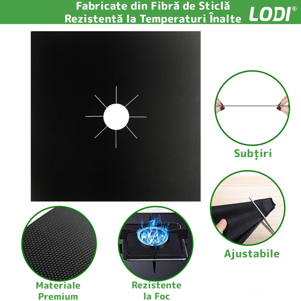 Set 4 Folii Protectie Teflon Lodi88, pentru aragaz sau plita, detasabile, ajustabile, usor de curatat, anti-aderente, negru