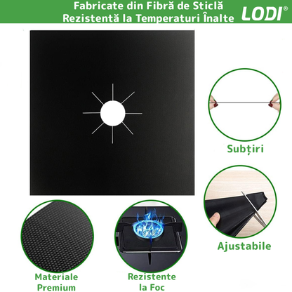 Set 4 Folii Protectie Teflon Lodi88, pentru aragaz sau plita, detasabile, ajustabile, usor de curatat, anti-aderente, negru