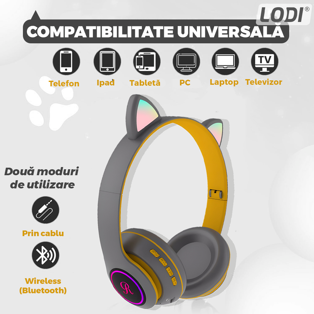 Casti Wireless Model Pisica Lodi950, overear, urechi de pisica cu iluminare RGB, bluetooth 5.0, handsfree, HiFi, bass stereo, gri/galben