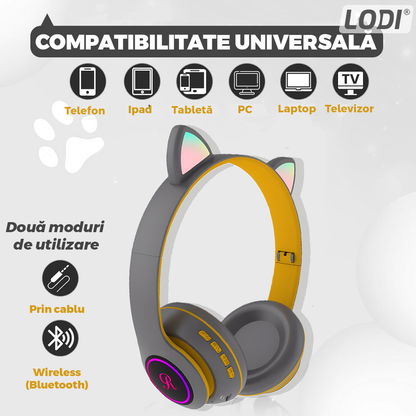 Casti Wireless Model Pisica Lodi950, overear, urechi de pisica cu iluminare RGB, bluetooth 5.0, handsfree, HiFi, bass stereo, gri/galben