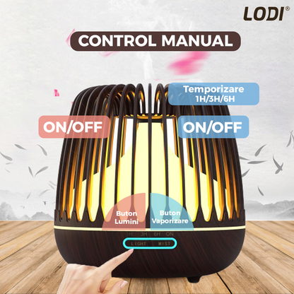 Difuzor Aromaterapie Lodi222, lumini ambientale, control manual, 3 trepte de temporizare, capacitate 500ml, silentios, umidifica aerul, stejar inchis
