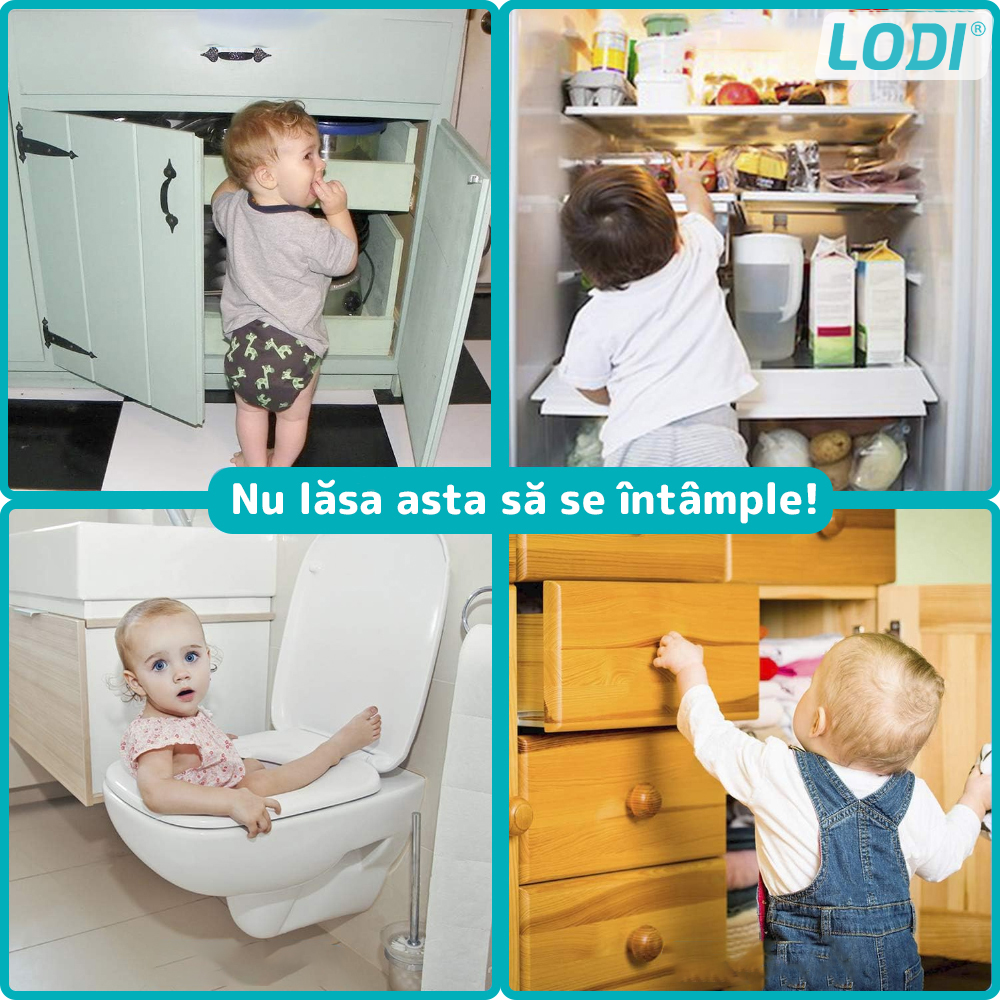 Set 6 x Siguranta Usi Copii Lodi31, sistem de inchidere dubla, blocare usi/sertare/duapuri, ajustabile pe lungime, adeziv puternic, anti-deschidere accidentala, alb
