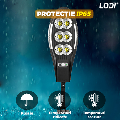 Lampa Solara Stradala 6 LED-uri Lodi870, rotunda, control prin telecomanda, senzor de miscare, 3 moduri de iluminare, protectie IP65, Waterproof, exterior, negru