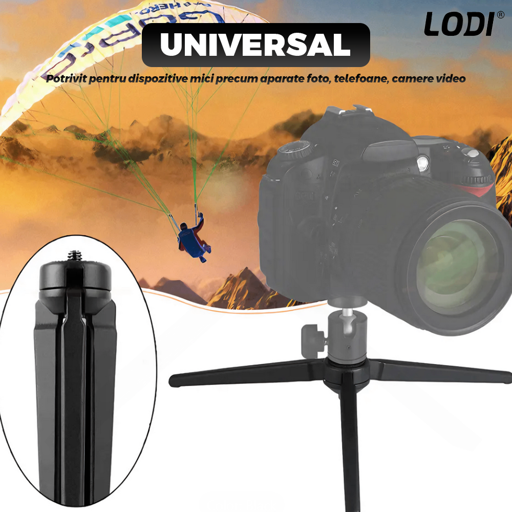 Mini Trepied Lodi1312, pentru telefon, aparat foto, camera video,lampa circulara, materiale calitative, surub universal, picioruse anti-derapante, portabil, ergonomic, 20 x 3 cm, negru