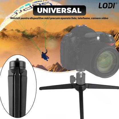 Mini Trepied Lodi1312, pentru telefon, aparat foto, camera video,lampa circulara, materiale calitative, surub universal, picioruse anti-derapante, portabil, ergonomic, 20 x 3 cm, negru