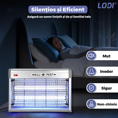 Aparat Electric Anti-Insecte Lodi1171, 16W, Insectocutor cu 2x tuburi ultraviolete, raza de actiune 200 m², unghi de propagare 360º, design modern, gri