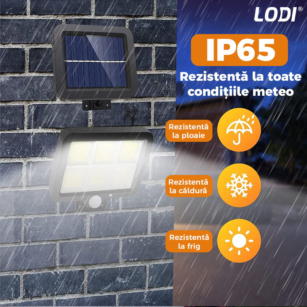 Lampa Solara 120 COB Lodi134, senzor de miscare, 3 moduri de iluminare, protectie IP65, Waterproof, exterior, negru