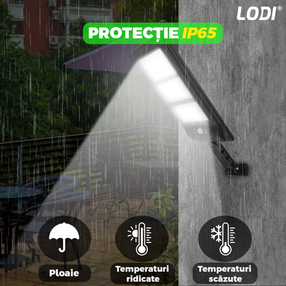 Lampa Solara Stradala 3 LED-uri Lodi882, control prin telecomanda, senzor de miscare, 3 moduri de iluminare, protectie IP65, Waterproof, exterior, negru