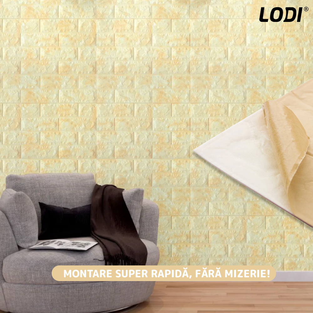 Set Tapet Caramida 3D Lodi77, Model Piatra Naturala, suprafata acoperire 5.3 mp, autoadeziv, waterproof, usor de montat, design modern, 70x77 cm, galben