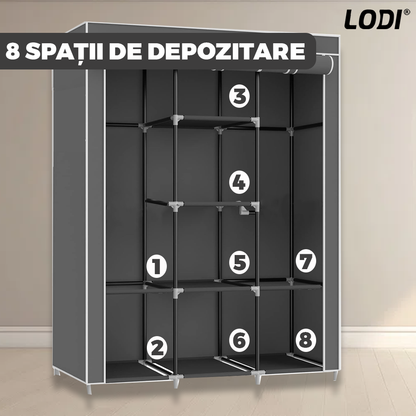 Dulap din Material Textil pentru Haine si Incaltaminte Lodi423,  impermeabil, 8 rafturi, inchidere fermoar,  suport umerase,  cadru otel, 170 cm, gri