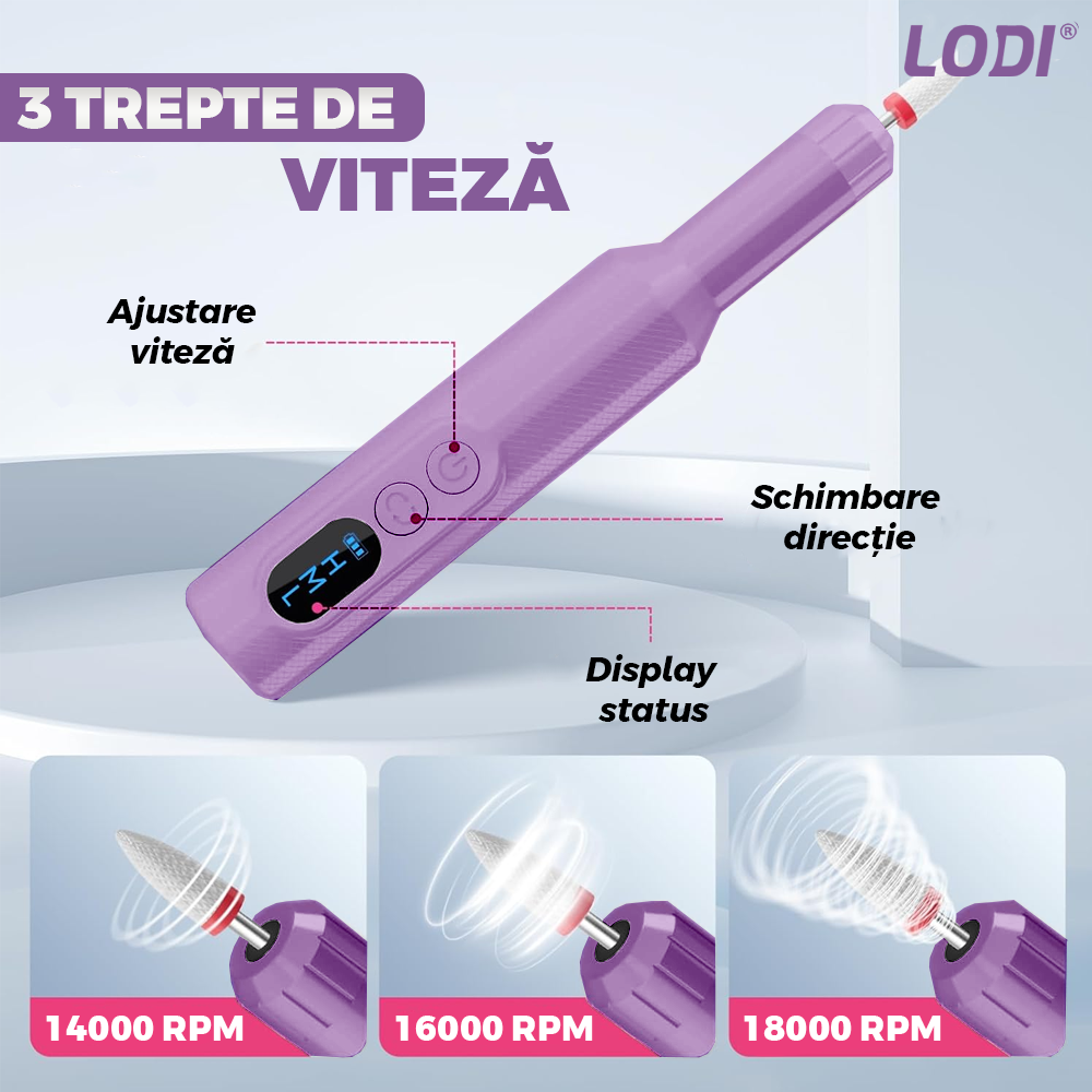 Pila Electrica Profesionala pentru Unghii Lodi1136, freză wireless, 18000 RPM, ecran LED, manichiura-pedichiura, 12 capete pentru pila, 36 benzi de slefurie, portabila, mov