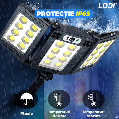 Lampa Solara Stradala 24 LED-uri Lodi877, tip bec, 3 capete, control prin telecomanda, senzor de miscare, 3 moduri de iluminare, protectie IP65, Waterproof, exterior, negru
