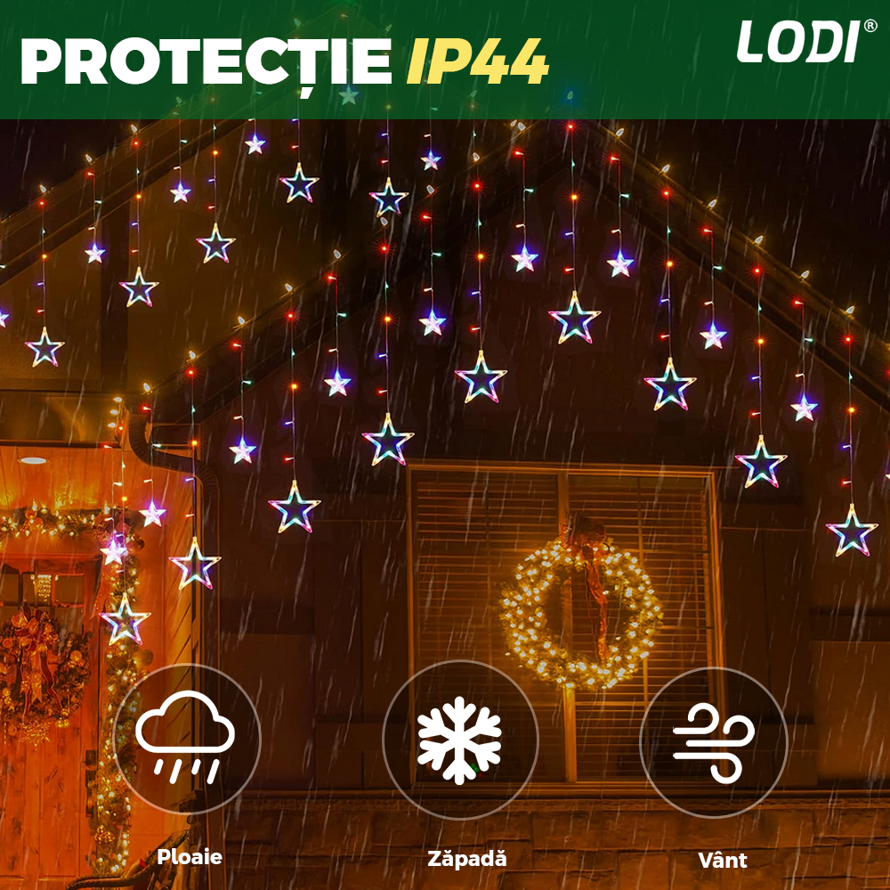Instalatie de Craciun Tip Perdea Lodi1443, 3x3 m, model stelute, 8 jocuri de lumini, alimentare la priza, fir transparent, interior/exterior, rezistenta la apa, 12 figurine, multicolor
