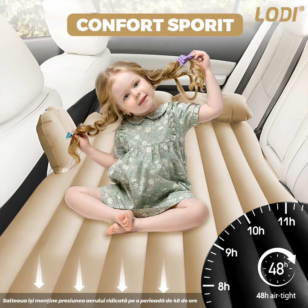 Saltea Auto Gonflabila 2 in 1 Lodi1275, scaun spate si travel bed, materiale calitative, pluristratificata, saculet de depozitare, pompa pentru umflare inclusa, 138 x 85 cm, bej