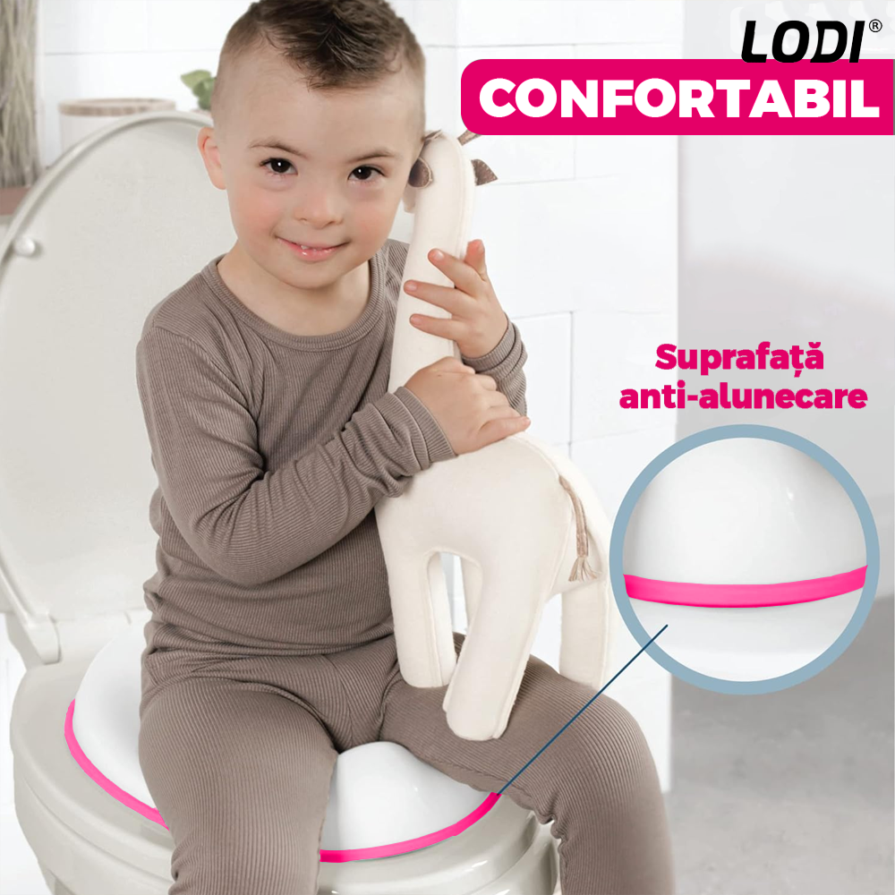 Reductor WC Copii Lodi649, suprafata antiderapanta, confortabil, protectie impotriva stropilor, compatibilitate universala, inel de prindere, portabil, alb/roz