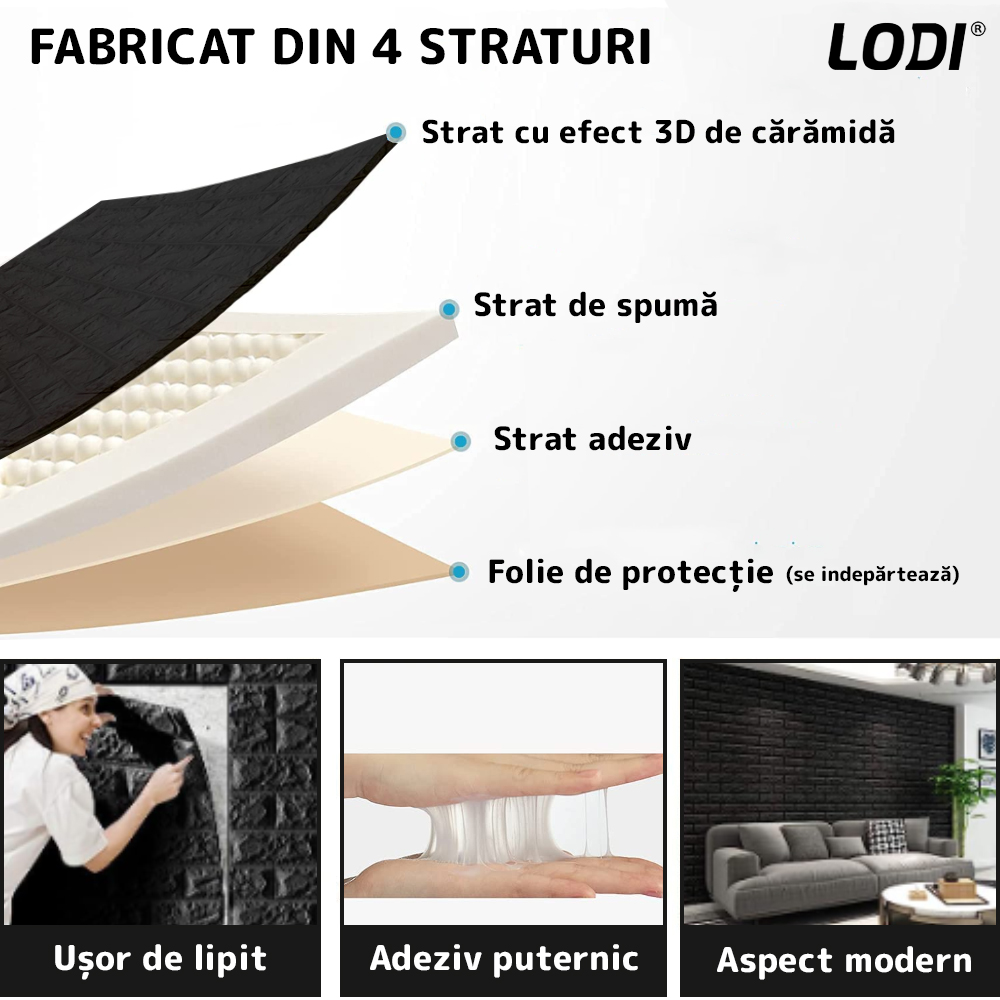 Set Tapet Mic Caramida 3D Lodi104, suprafata acoperire 3.31 mp, autoadeziv, waterproof, usor de montat, design modern, 38,5x34 cm, negru