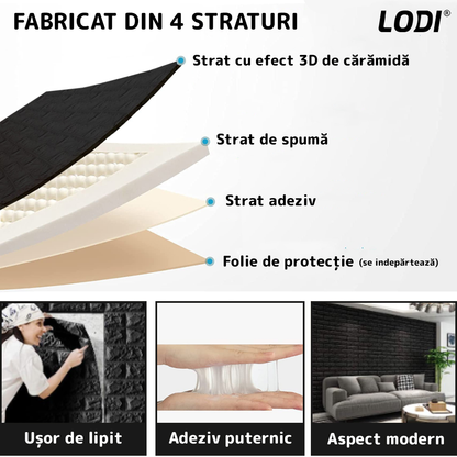 Set Tapet Mic Caramida 3D Lodi104, suprafata acoperire 3.31 mp, autoadeziv, waterproof, usor de montat, design modern, 38,5x34 cm, negru