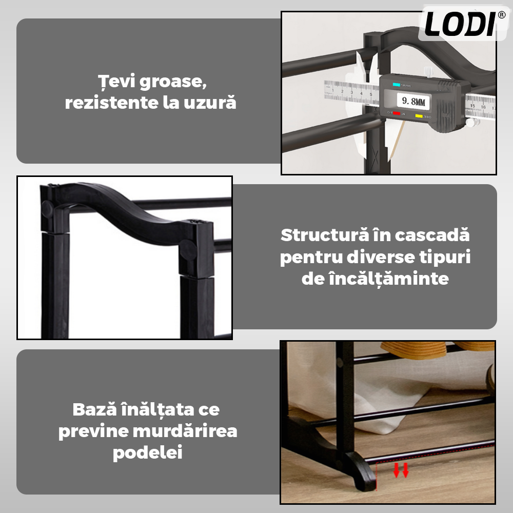 Pantofar tip Raft Lodi1126, pentru incaltaminte, 10 niveluri, capacitate mare, structura stabila, tevi din metal, 100 x 60 cm, negru