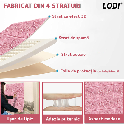 Set 10x Tapet 3D Lodi799, suprafata acoperire 4.9 mp, autoadeziv, Model Floral Diamant, perete/tavan, waterproof, usor de montat, design modern, 70x70 cm, roz
