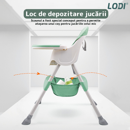 Scaun de Masa 3in1 pentru Bebelusi si Copii Lodi634, inaltime ajustabila, centura de siguranta in 5 puncte, tavita reglabila si detasabila, loc depozitare jucarii, verde turcoaz