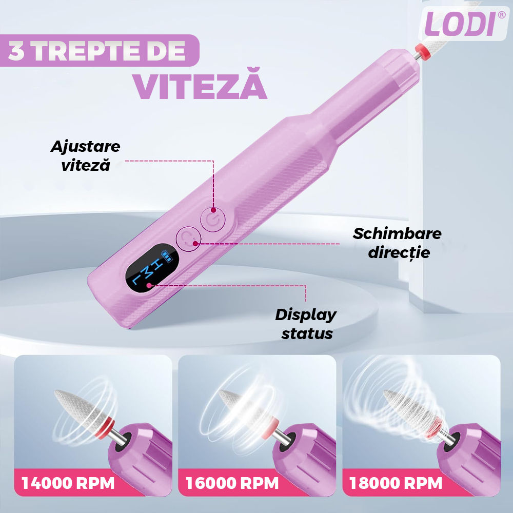 Pila Electrica Profesionala pentru Unghii Lodi1192, freza wireless, 18000 RPM, ecran LED, manichiura-pedichiura, 12 capete pentru pila, 36 benzi de slefurie, portabila, lila