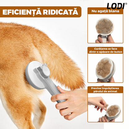 Perie pentru Curatarea si Ingrijirea Animalelor Lodi1129, buton auto-curatare, descalcire si prevenire naparlire, ingrijire si tundere blana, materiale calitative, 18.5 x 7.5 cm, alb