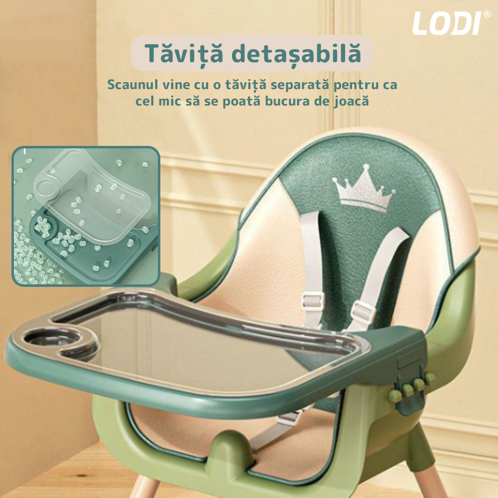 Scaun de Masa 3in1 pentru Bebelusi si Copii  Lodi91, inaltime ajustabila, centura de siguranta in 5 puncte, tavita reglabila si detasabila, loc depozitare jucarii, verde