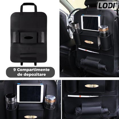 Organizator pentru Scaun Auto Lodi136, 9 Compartimente, multifunctional, universal, suport tableta si telefon, suport servetele, negru