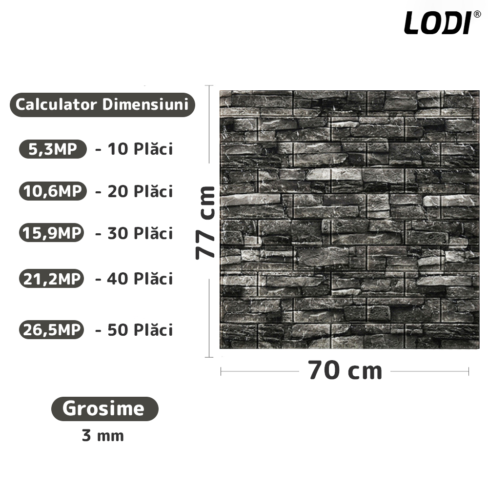 Set Tapet Caramida 3D Lodi82, Model Piatra Naturala, suprafata acoperire 5.3 mp,autoadeziv, waterproof, usor de montat, design modern, 70x77 cm, gri inchis