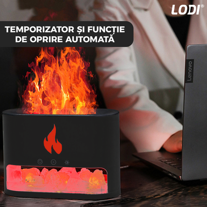 Difuzor Aromaterapie Lodi594, efect flacara, 4 culori LED, capacitate 250ml, cristale de sare de himalaya,  silentios, umidifica aerul, negru
