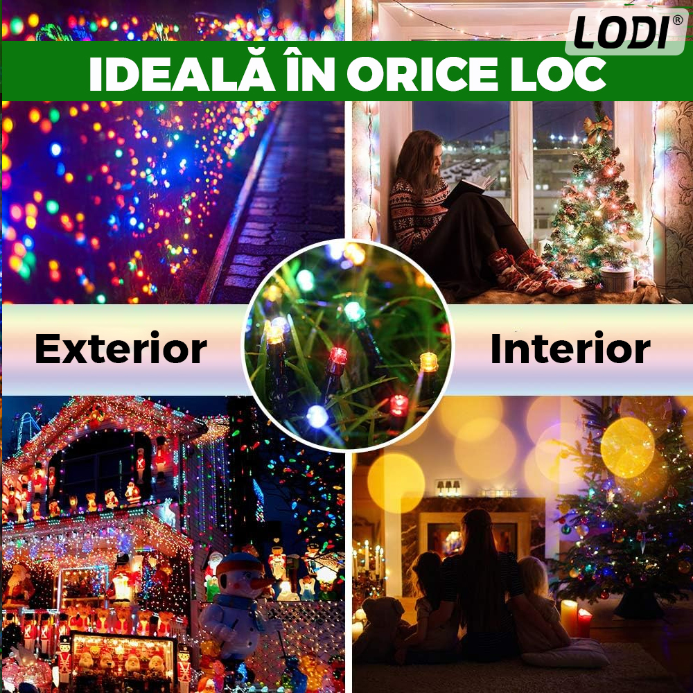 Instalatie de Craciun Liniara Lodi1456, 15 m, 8 jocuri de lumini, alimentare la priza, interior/exterior, rezistenta la apa, 200 LED-uri, multicolor