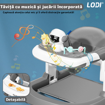 Premergator Multifunctional pentru Bebelusi Lodi516, tava cu 3 jucarii, muzica, reglabil, pliabil, greutate max 20kg, 6-36 luni, gri