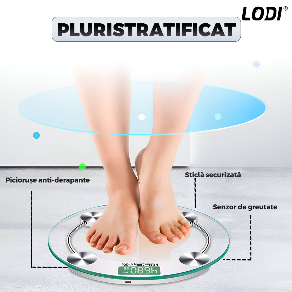 Cantar Electronic Corporal Lodi1260, rotund, afisaj digital, precizie ridicata, senzori de greutate, conversie la unitate, capacitate de 150 kg, transparent