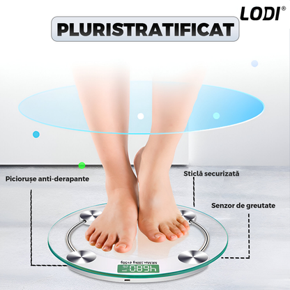 Cantar Electronic Corporal Lodi1260, rotund, afisaj digital, precizie ridicata, senzori de greutate, conversie la unitate, capacitate de 150 kg, transparent