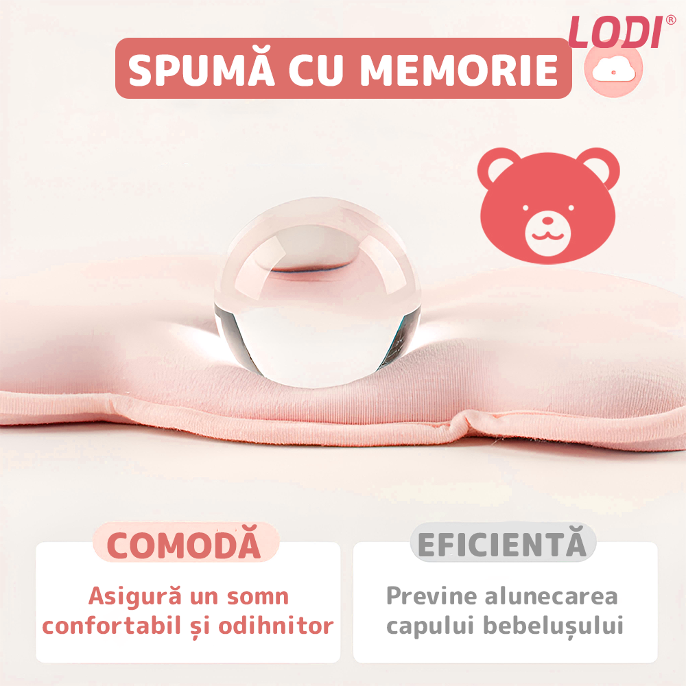 Perna pentru Bebelusi Lodi992, model ursulet, husa de protectie inclusa, spuma cu memorie, anti-plagiocefalie, pentru formarea capului, 26x22 cm,roz
